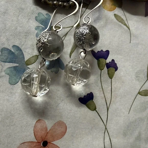 Vintage Sterling Silver Rock Quartz Crystal Pools Of Light Earrings